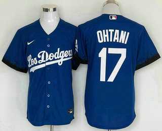 Mens Los Angeles Dodgers #17 Shohei Ohtani Blue 2021 City Connect Cool Base Stitched Jersey